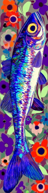 Free printable fish bookmark featuring bright blue sardine